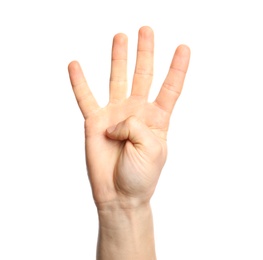 Photo of Man showing number four on white background, closeup. Sign language