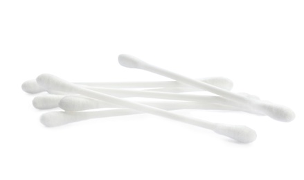 Photo of Plastic cotton swabs on white background. Hygienic accessory