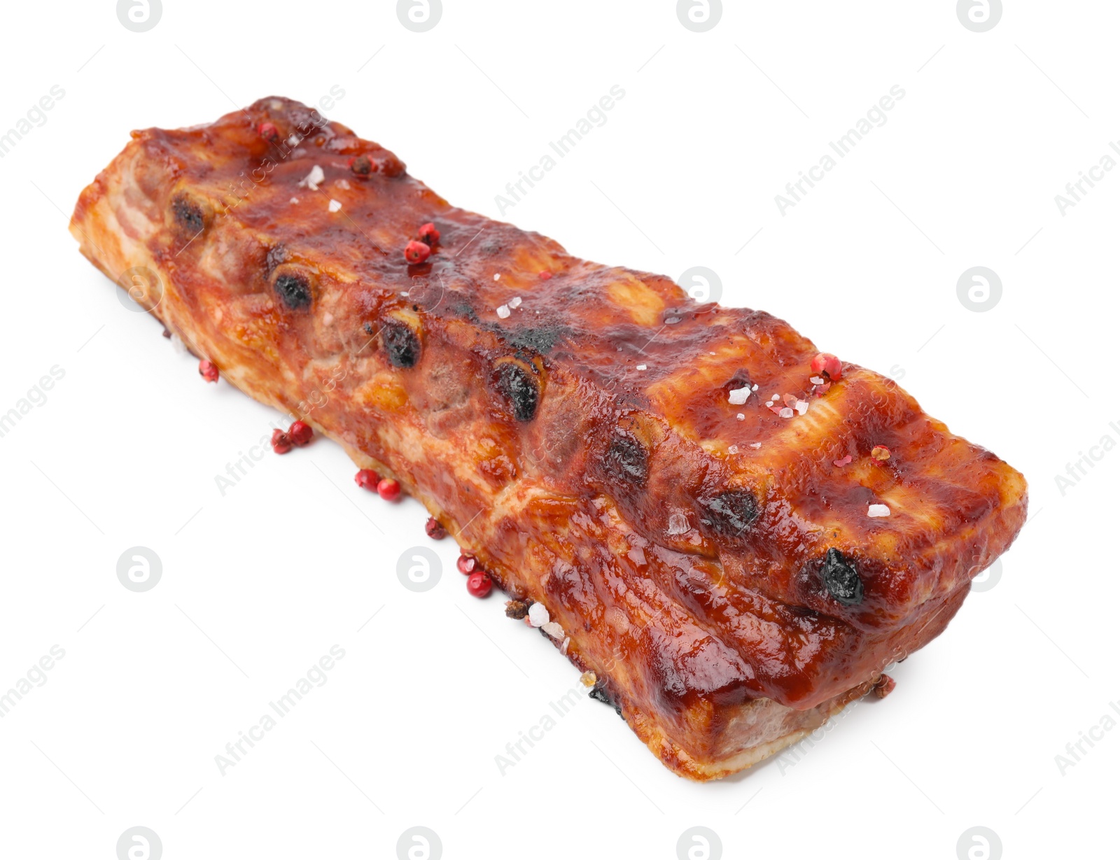 Photo of Tasty roasted pork ribs and peppercorns isolated on white