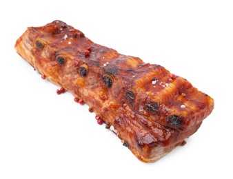 Photo of Tasty roasted pork ribs and peppercorns isolated on white