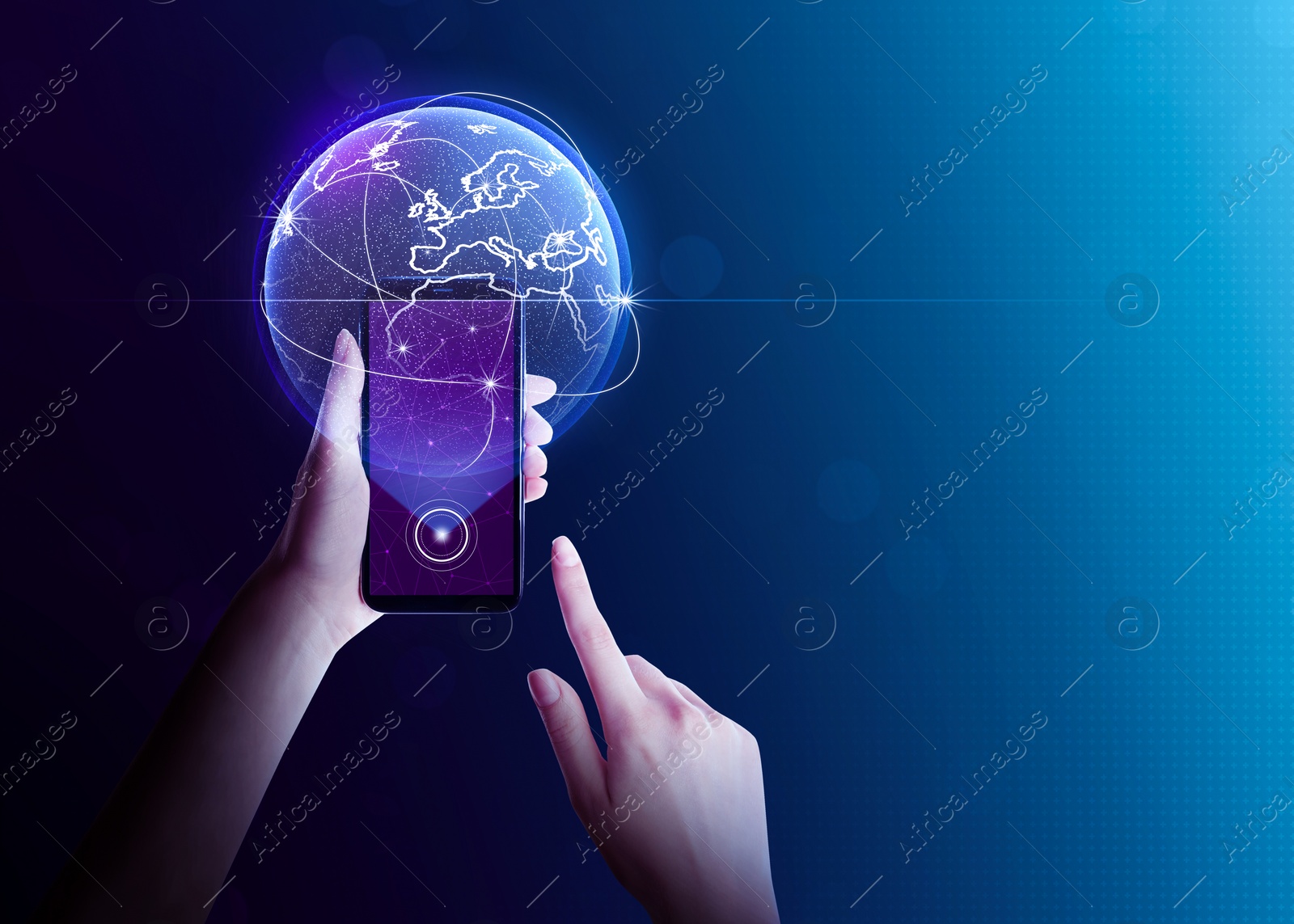 Image of Global network. Woman holding smartphone with digital image of Earth on dark blue background, closeup