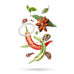 Image of Different aromatic spices falling on white background