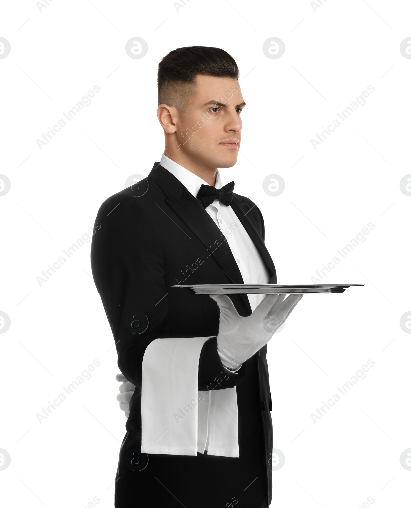 Photo of Elegant butler holding silver tray isolated on white