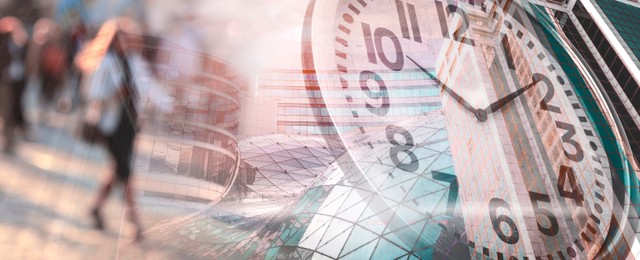 Image of Time related concepts. Multiple exposure of clock, office buildings and people. Banner design