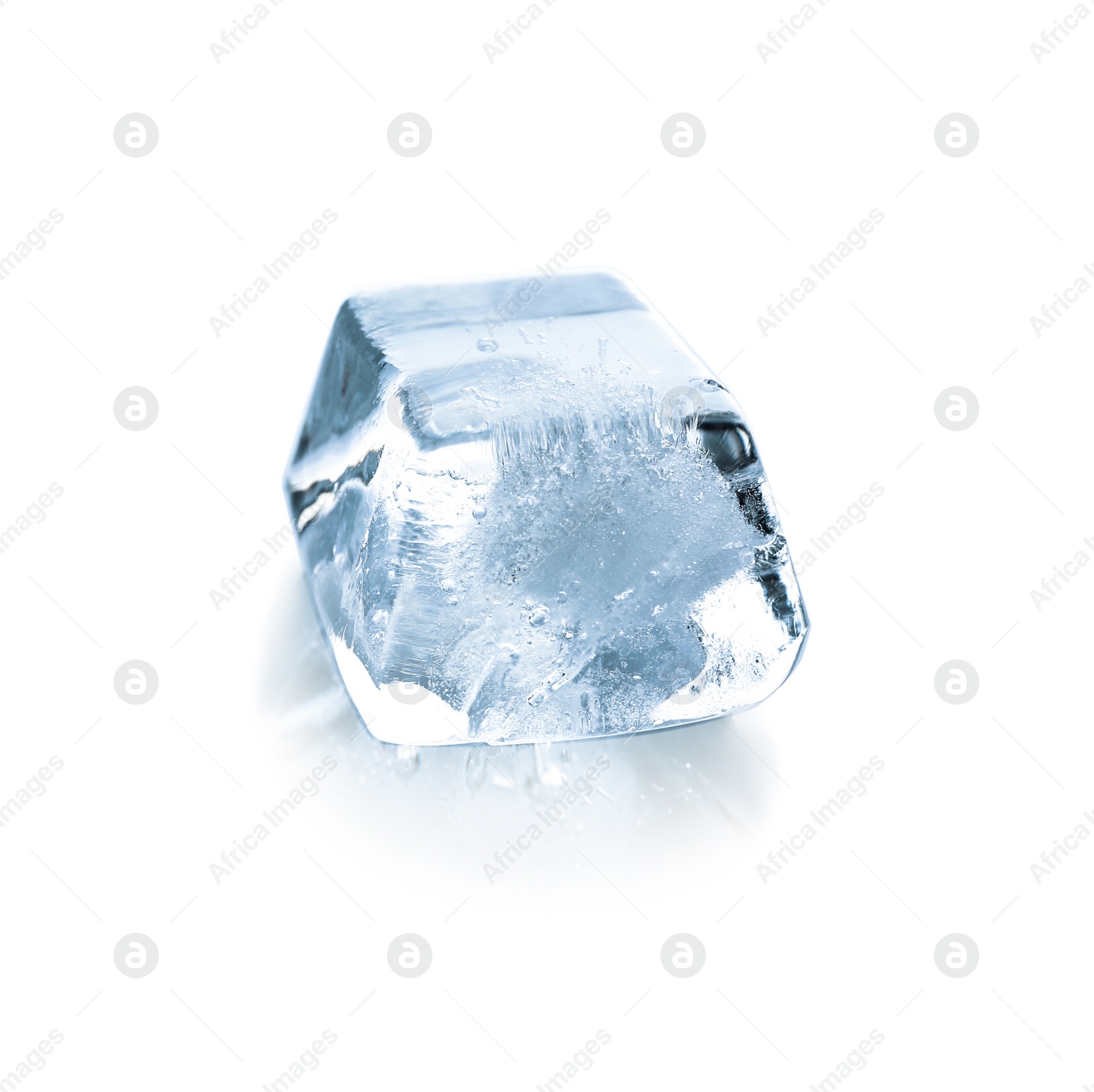 Photo of One crystal ice cube on white background