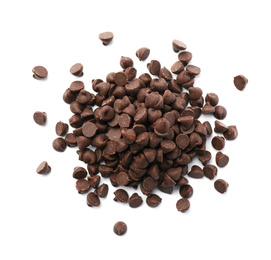 Photo of Pile of delicious chocolate chips isolated on white, top view