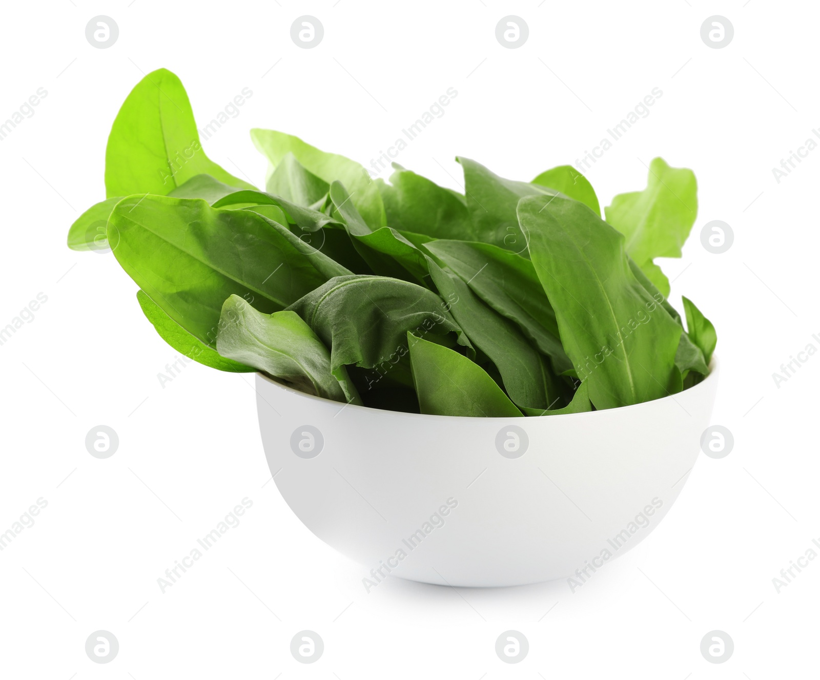 Photo of Fresh green sorrel leaves in bowl isolated on white