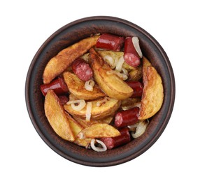 Photo of Delicious baked potato with thin dry smoked sausages and onion in bowl isolated on white, top view