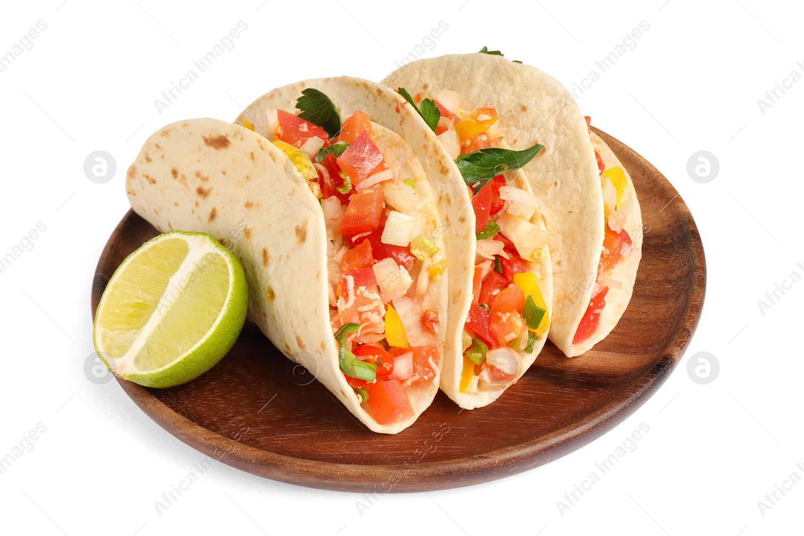 Photo of Delicious tacos with vegetables and lime isolated on white