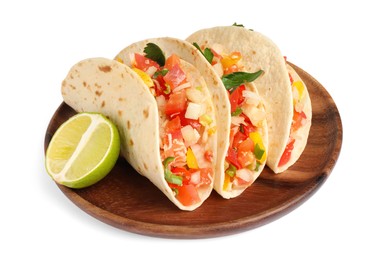 Delicious tacos with vegetables and lime isolated on white