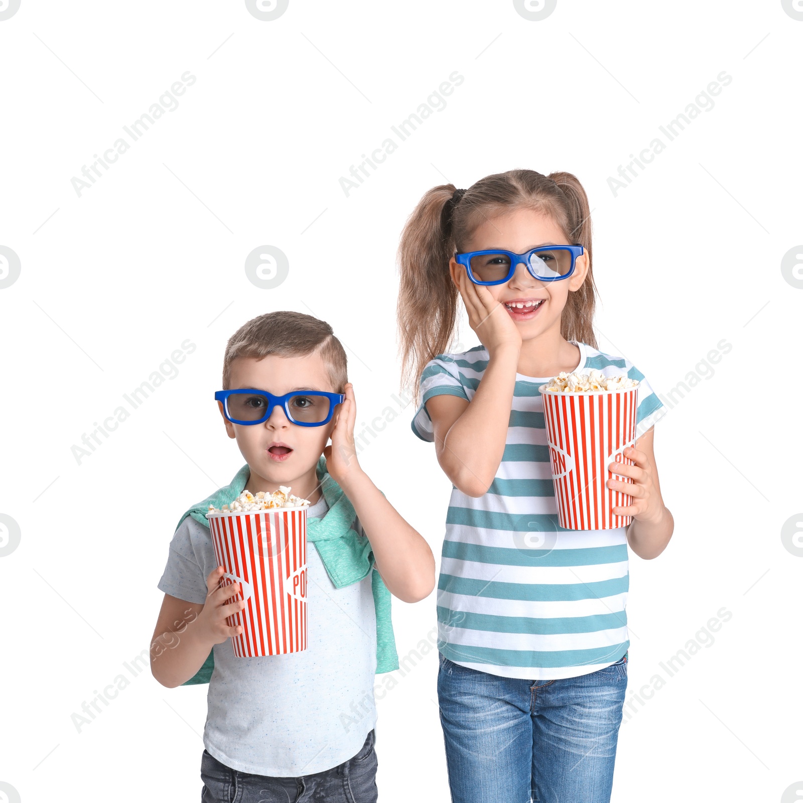 Photo of Cute children with popcorn and glasses on white background