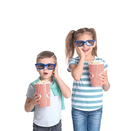 Photo of Cute children with popcorn and glasses on white background