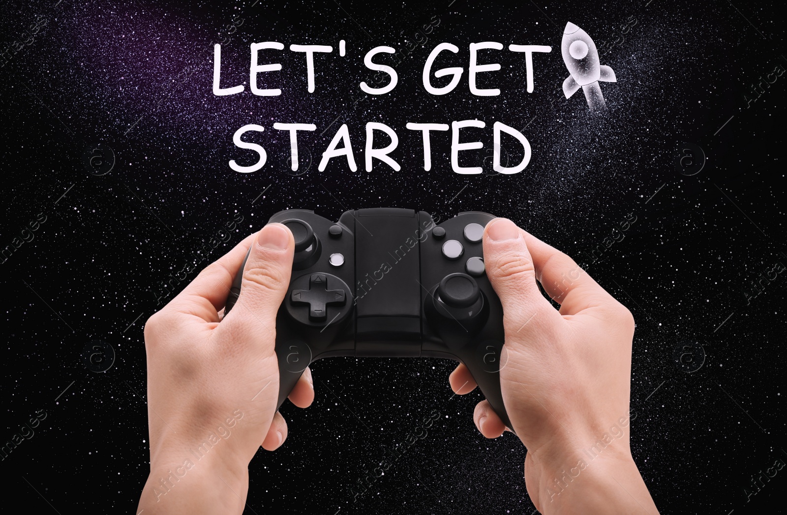 Image of Man with video game controller and phrase LET'S GET STARTED against night sky, closeup