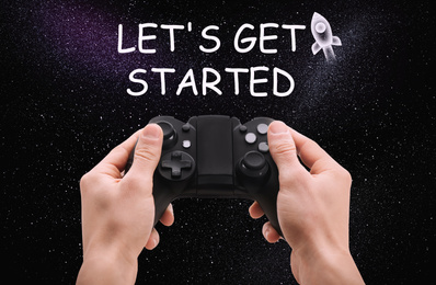 Image of Man with video game controller and phrase LET'S GET STARTED against night sky, closeup