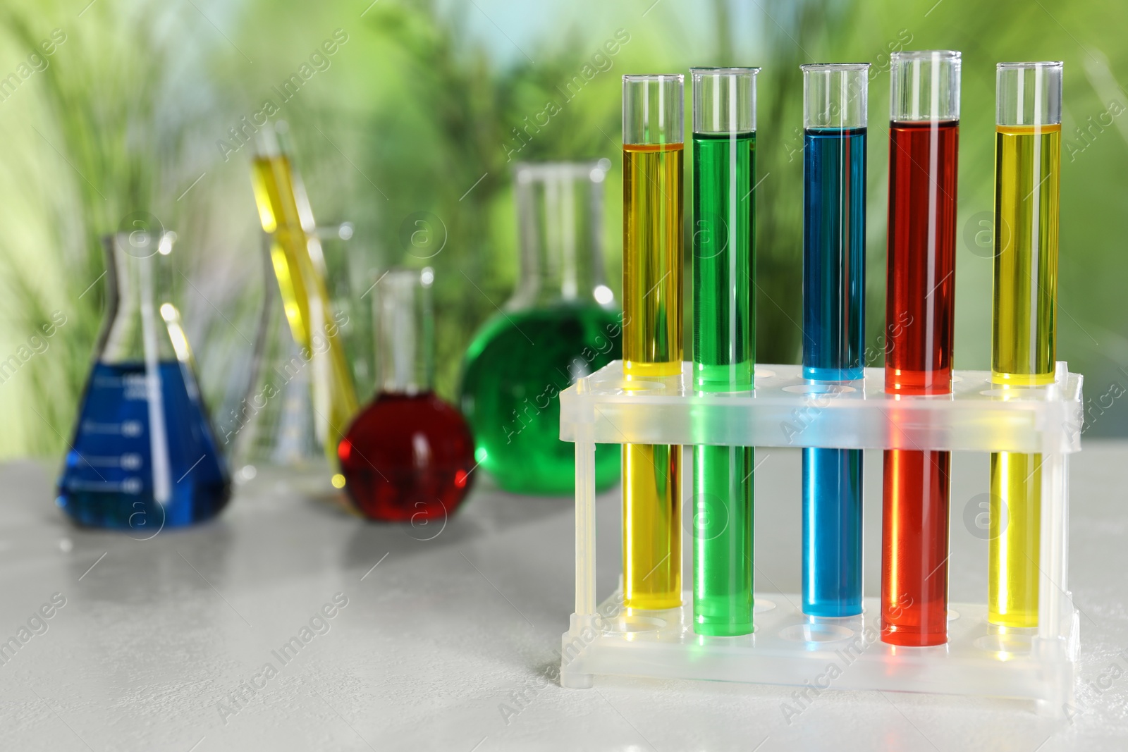 Photo of Test tubes with liquids in stand and flasks on table against blurred background, selective focus. Space for text