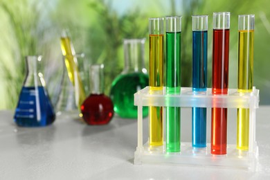 Test tubes with liquids in stand and flasks on table against blurred background, selective focus. Space for text