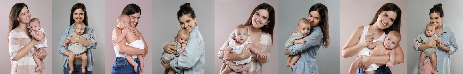 Image of Collage with photos beautiful mother and her cute baby on light grey background. Banner design