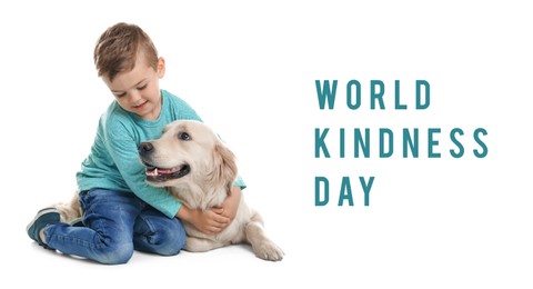 Image of World Kindness Day card. Little boy hugging dog on white background, banner design