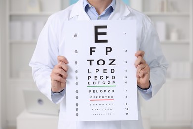 Ophthalmologist with vision test chart in clinic, closeup