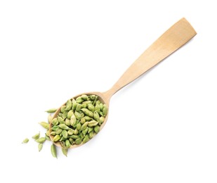 Photo of Wooden spoon with cardamom on white background, top view