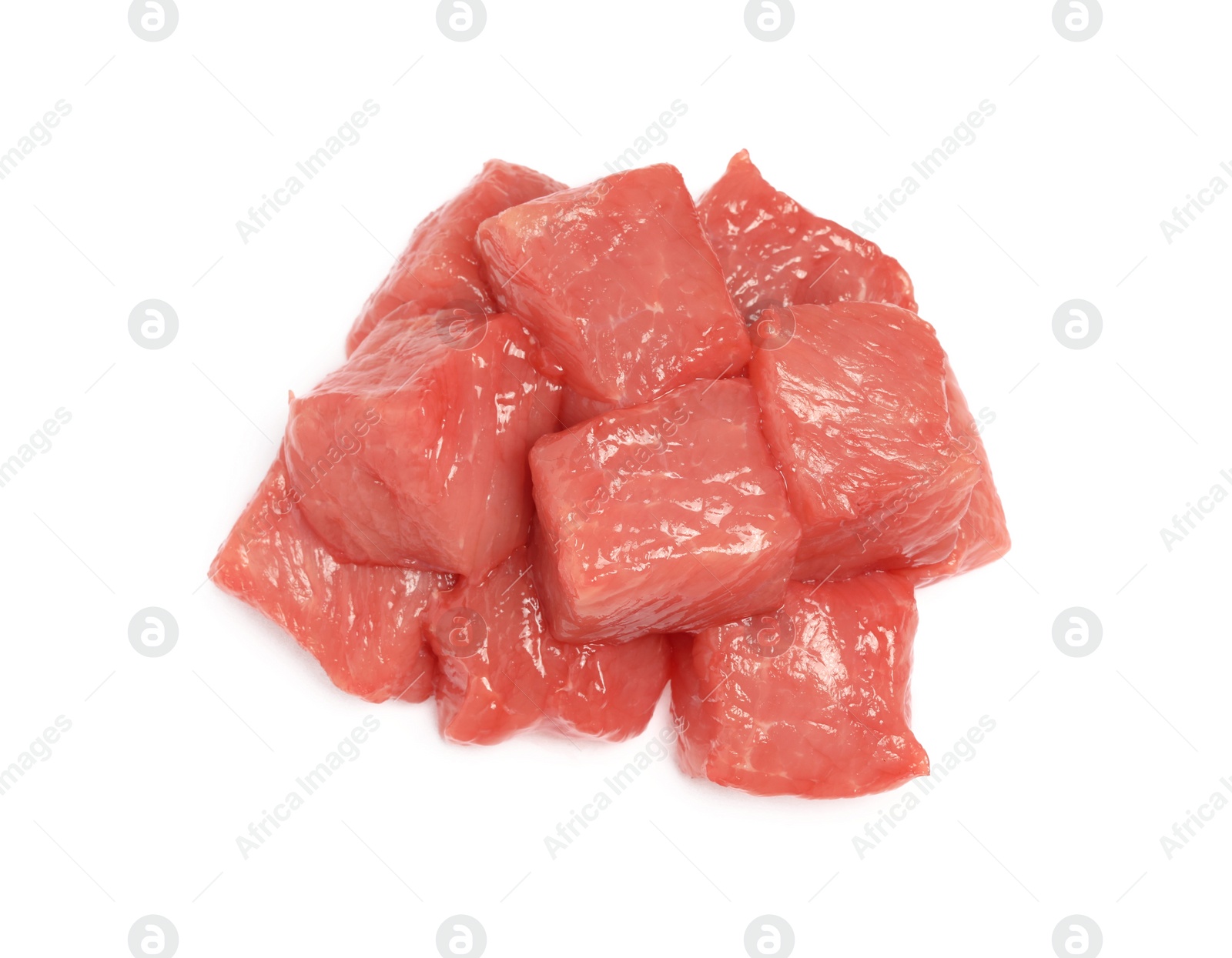 Photo of Pieces of raw beef isolated on white, top view