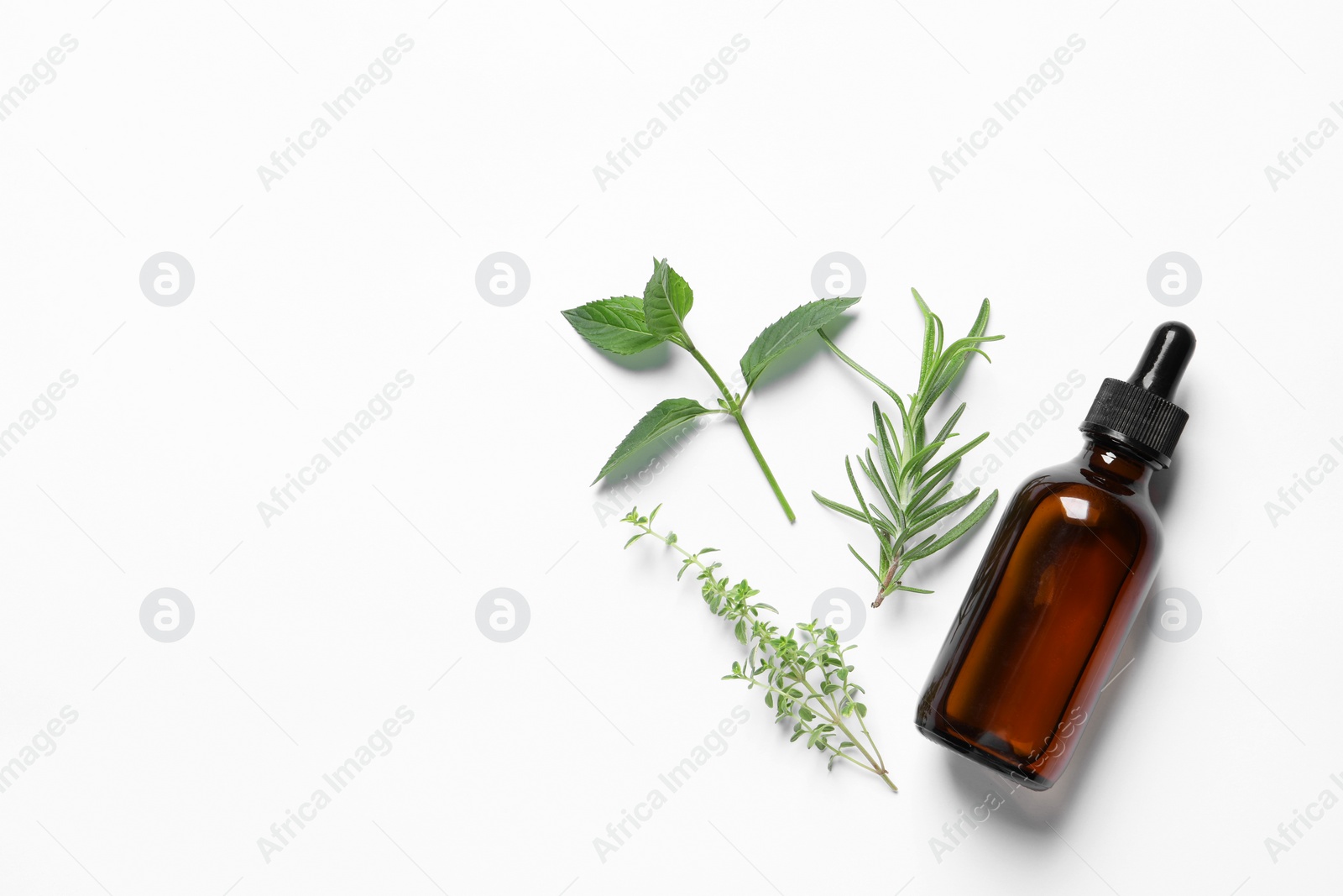 Photo of Bottle of essential oil and different herbs on white background, flat lay. Space for text