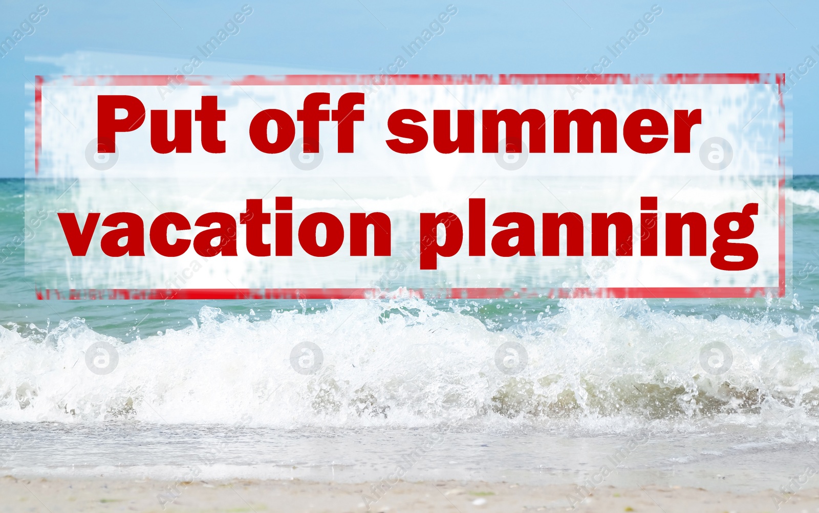 Image of Vacation cancellation concept. Beautiful view of sandy beach on sunny summer day