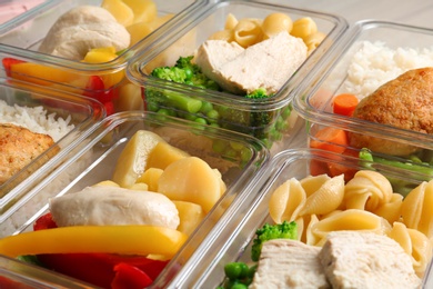 Photo of Boxes with prepared meals as background, closeup