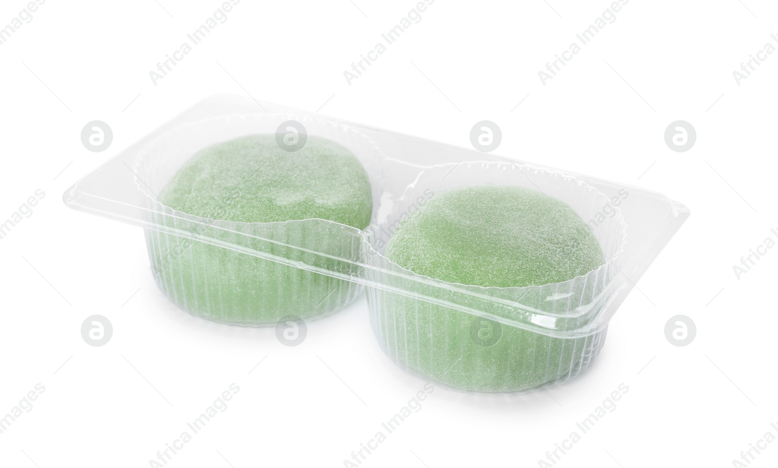 Photo of Delicious mochi in plastic tray on white background. Traditional Japanese dessert