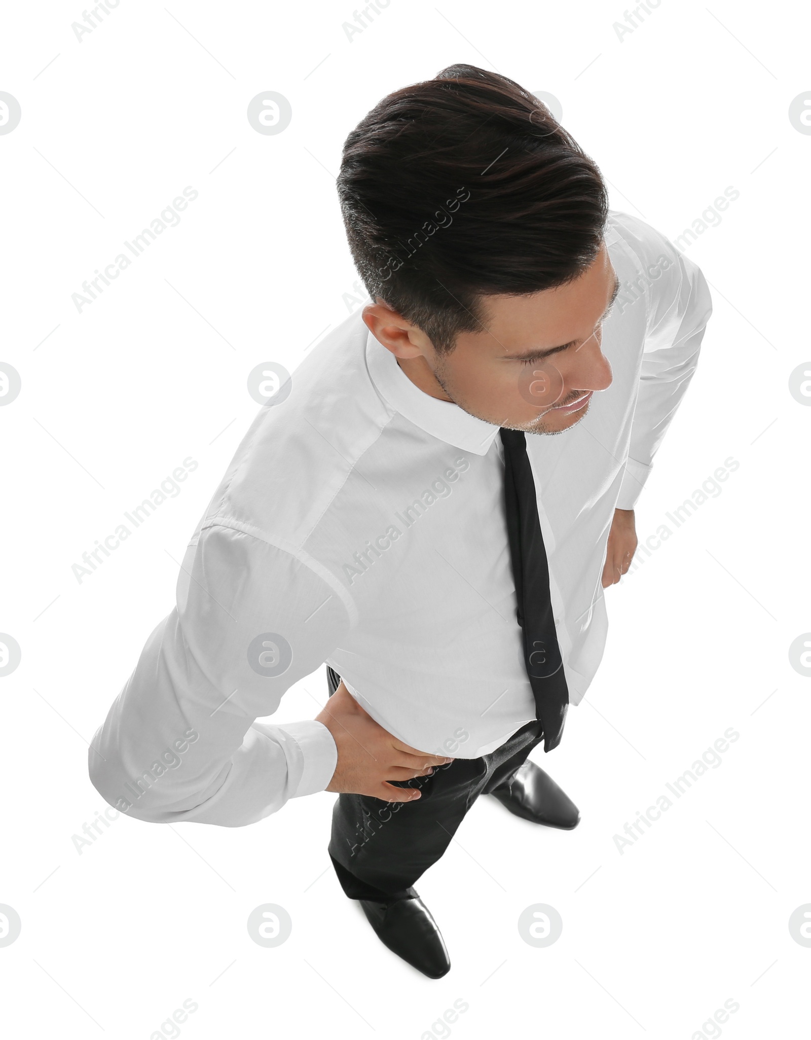 Photo of Thoughtful businessman in formal clothes on white background, above view