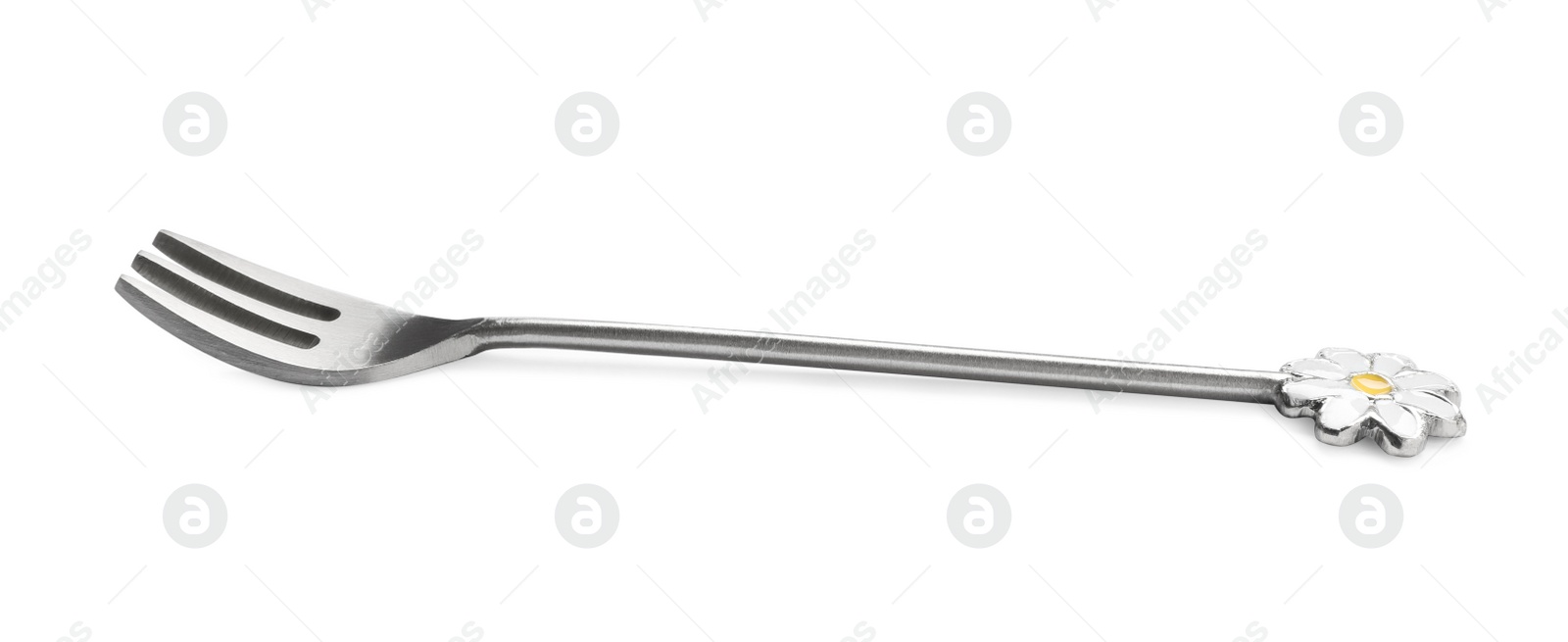 Photo of Stylish metal dessert fork isolated on white