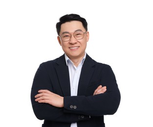 Businessman in suit posing on white background