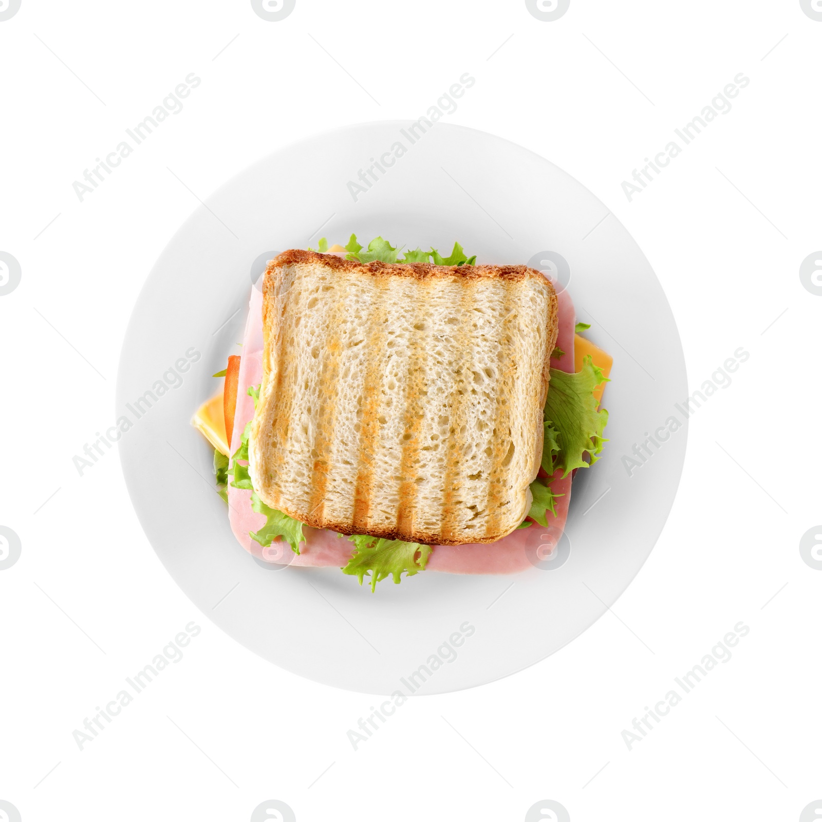 Photo of Tasty sandwich with ham isolated on white, top view