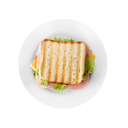 Photo of Tasty sandwich with ham isolated on white, top view