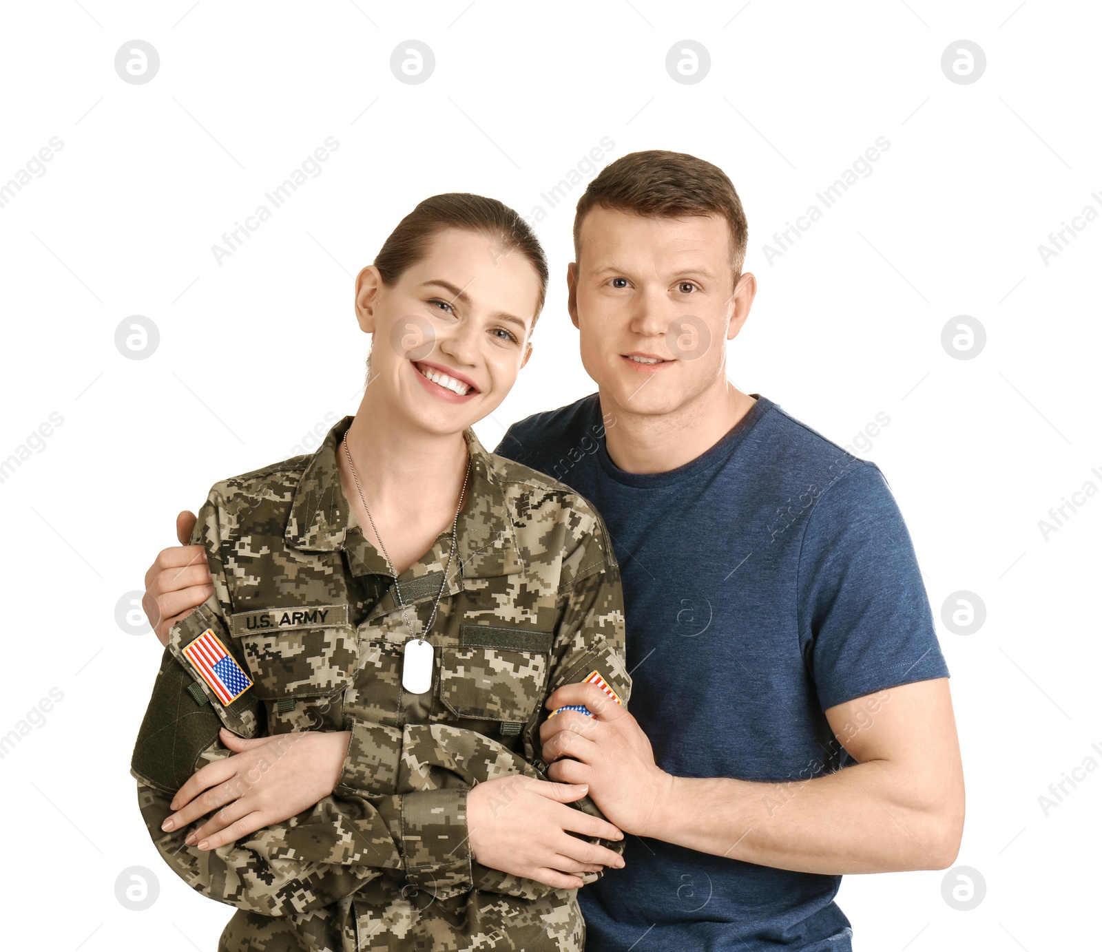 Photo of Female soldier with her husband on white background. Military service