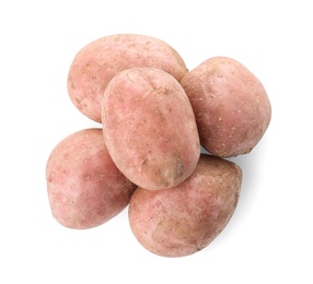 Photo of Fresh ripe organic potatoes on white background, top view