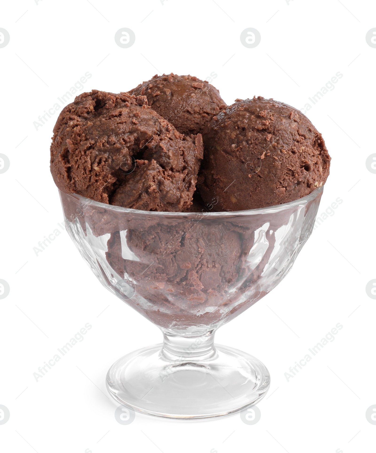 Photo of Glass dessert bowl with tasty chocolate ice cream isolated on white
