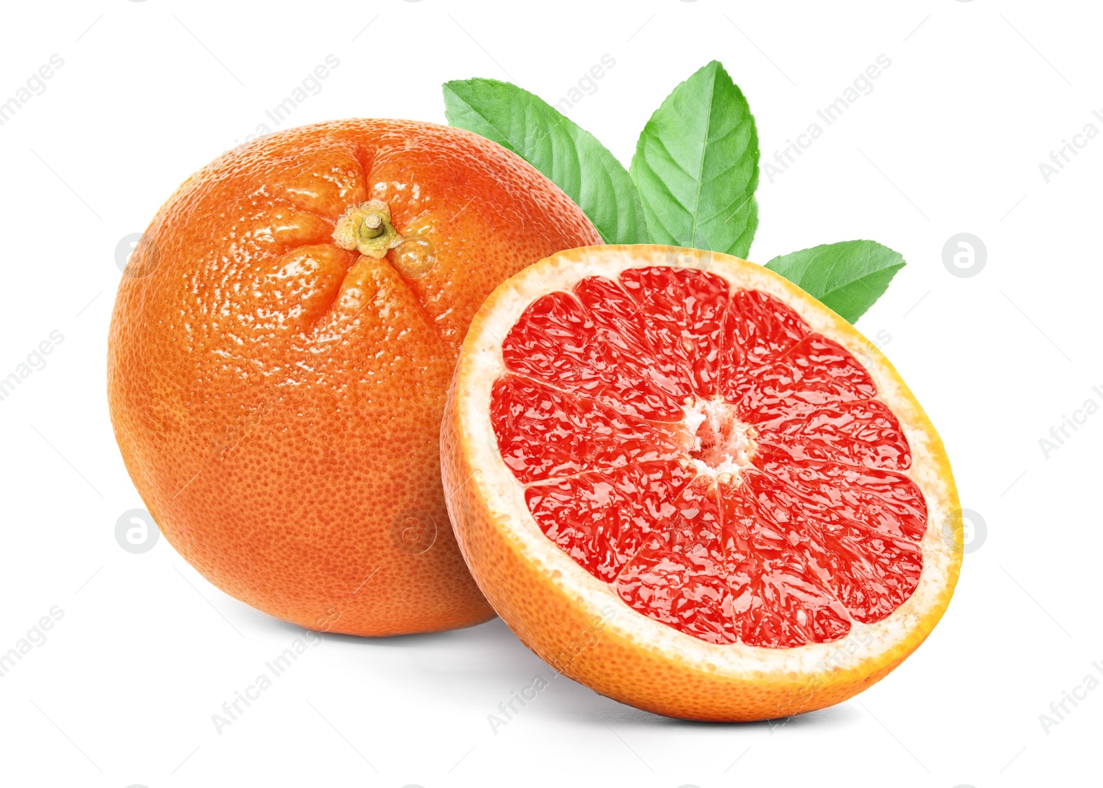 Image of Tasty ripe grapefruits and green leaves on white background