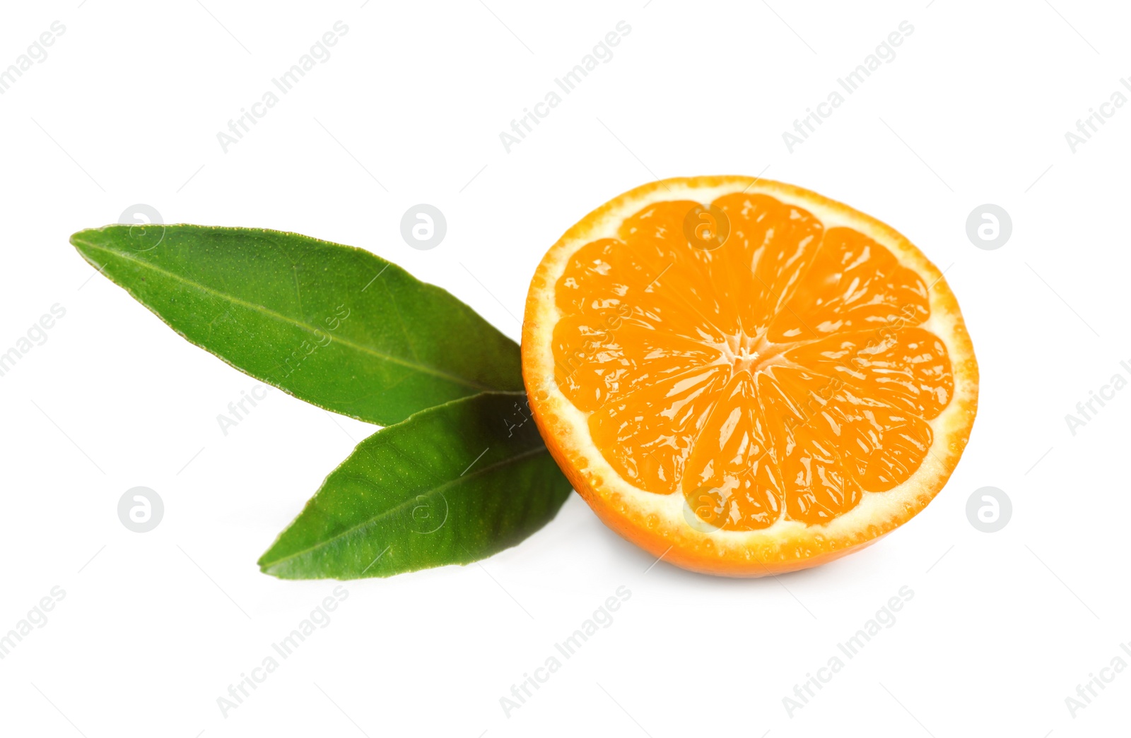 Photo of Half of fresh ripe tangerine with leaves isolated on white. Citrus fruit