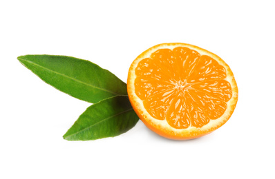 Photo of Half of fresh ripe tangerine with leaves isolated on white. Citrus fruit