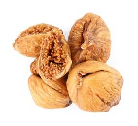 Pile of tasty dried figs on white background, top view