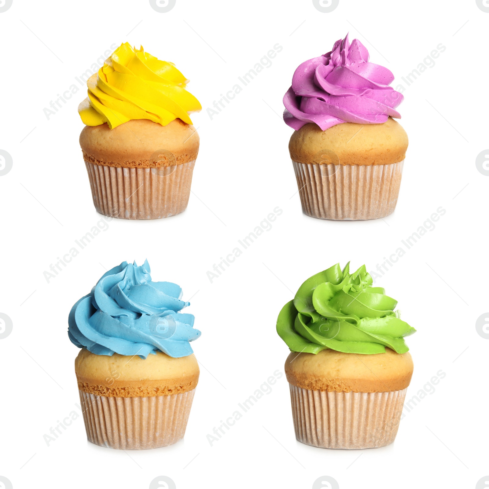 Image of Set of delicious birthday cupcakes on white background