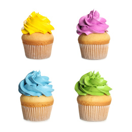 Set of delicious birthday cupcakes on white background