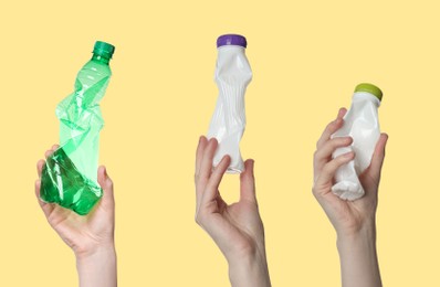 Collage with photos of women holding plastic bottles on yellow background, closeup 