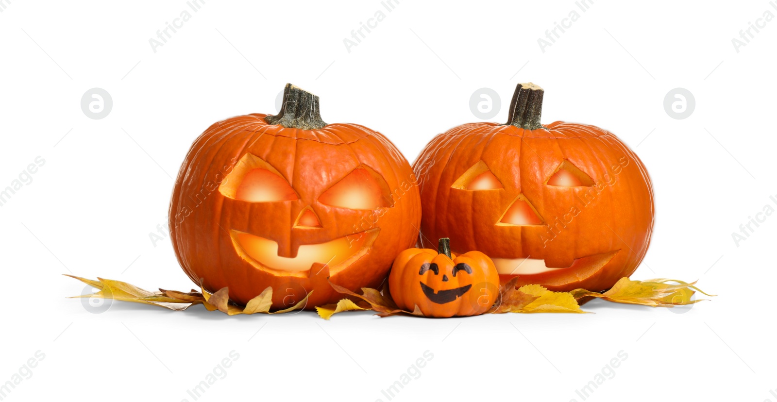 Photo of Cute Halloween pumpkins and autumn leaves on white background