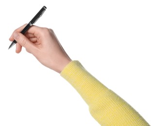 Photo of Woman holding pen on white background, closeup of hand