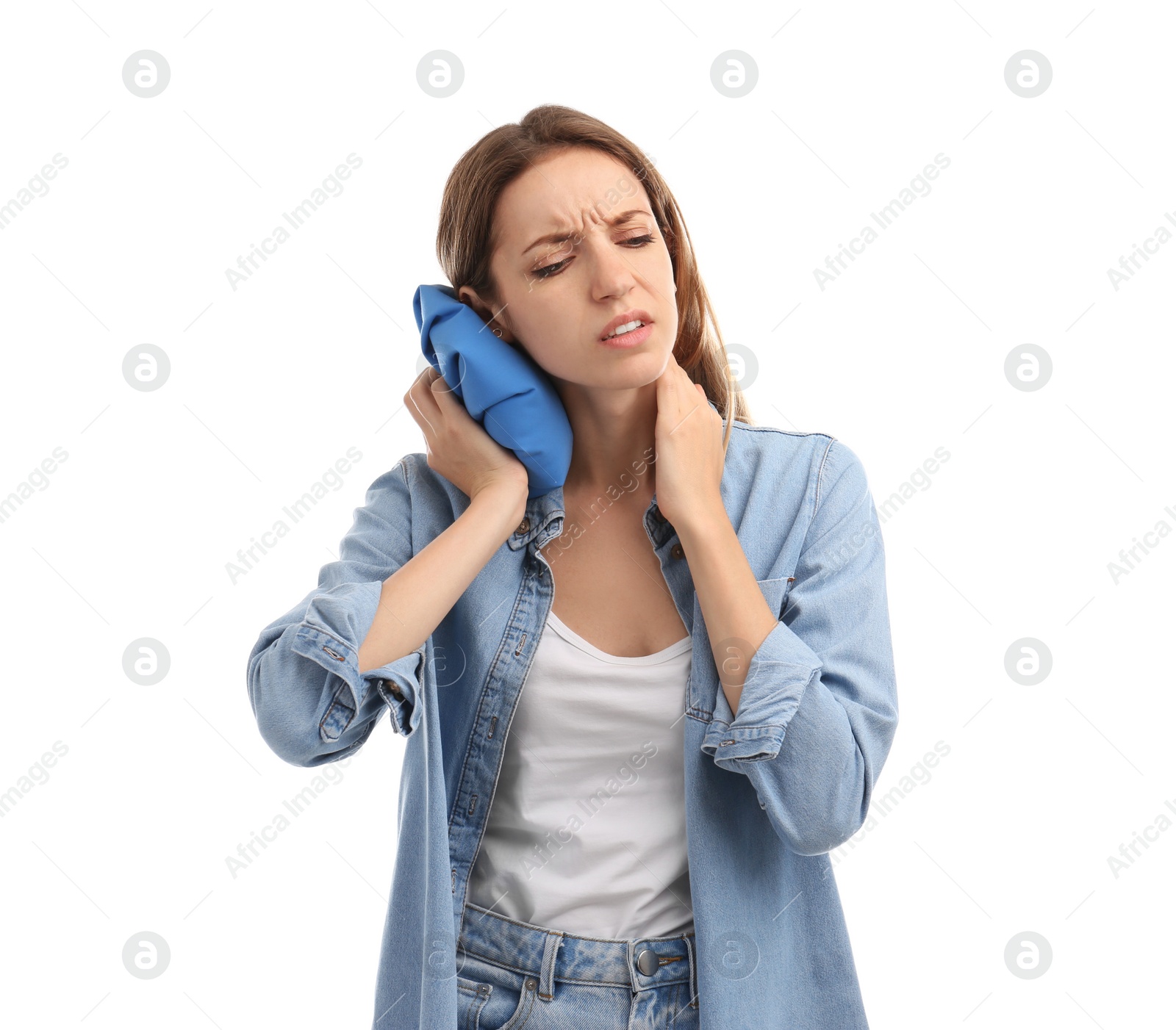 Photo of Woman applying cold compress to relieve neck pain on white background