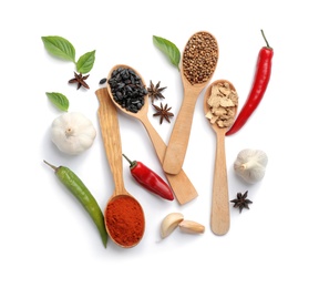 Composition with different aromatic spices in wooden spoons on white background