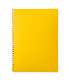 Stylish yellow notebook isolated on white, top view
