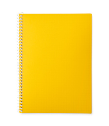 Photo of Stylish yellow notebook isolated on white, top view